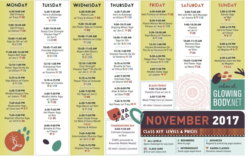 Glowing Body November schedule Yoga, message and more Blank Newspaper