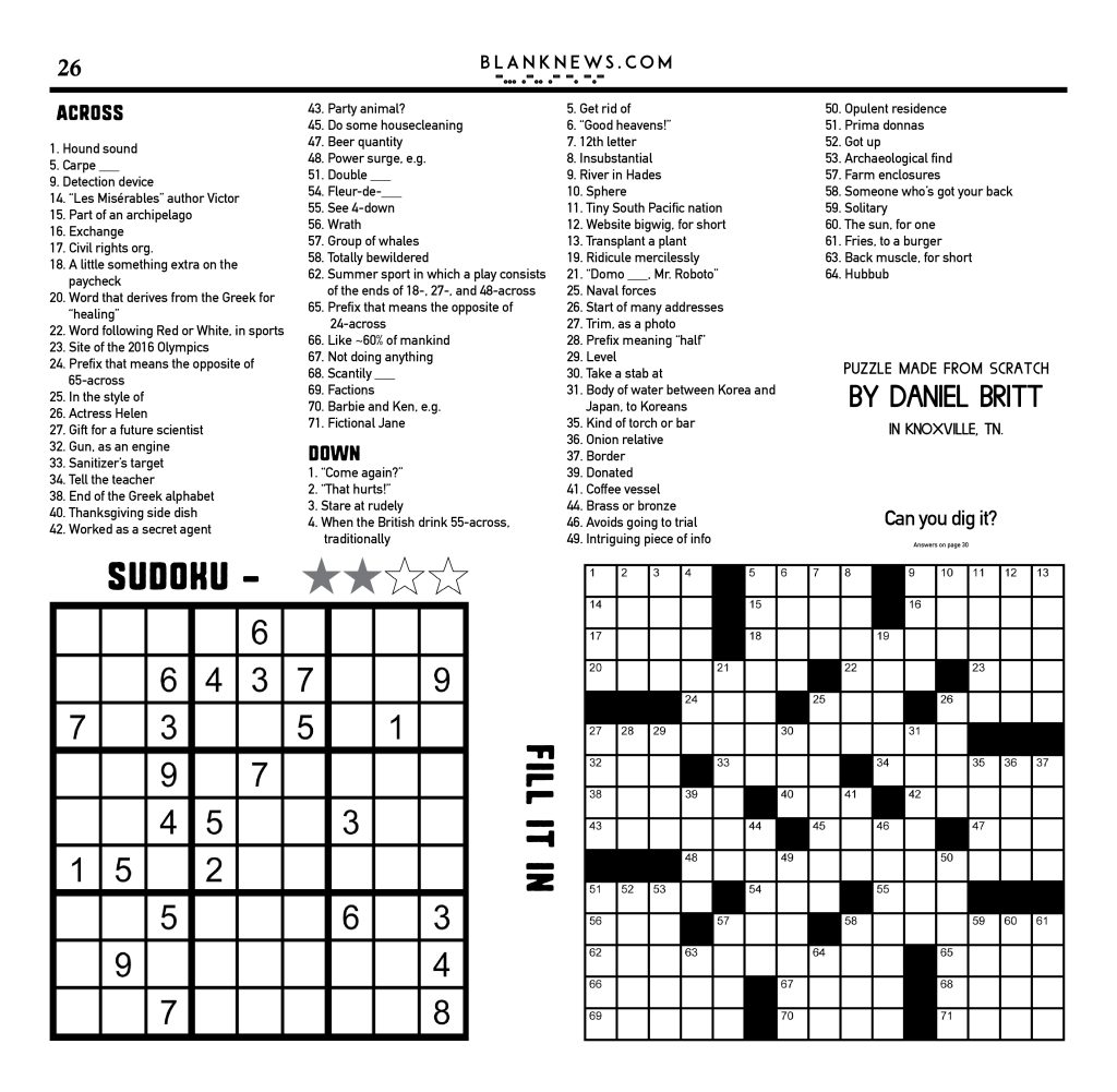 Blank’s July 2023 Sudoku and Crossword puzzles Can you dig it